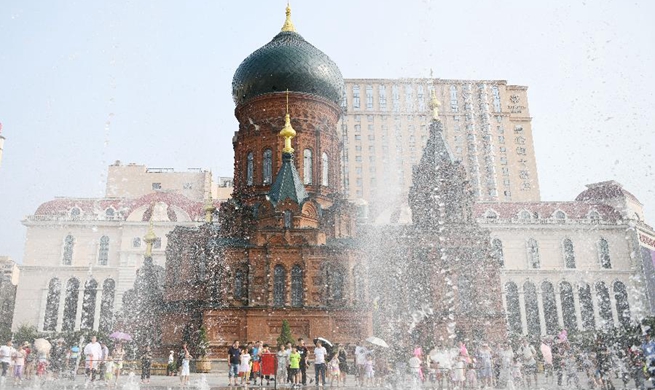 People have fun around musical fountain in NE China's Harbin