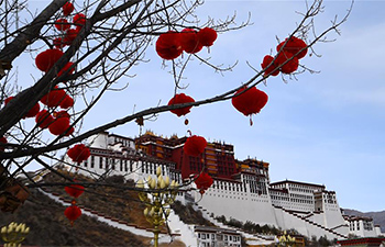 Decorations seen in front of Potala Palace to greet Spring Festival, Tibetan New Year